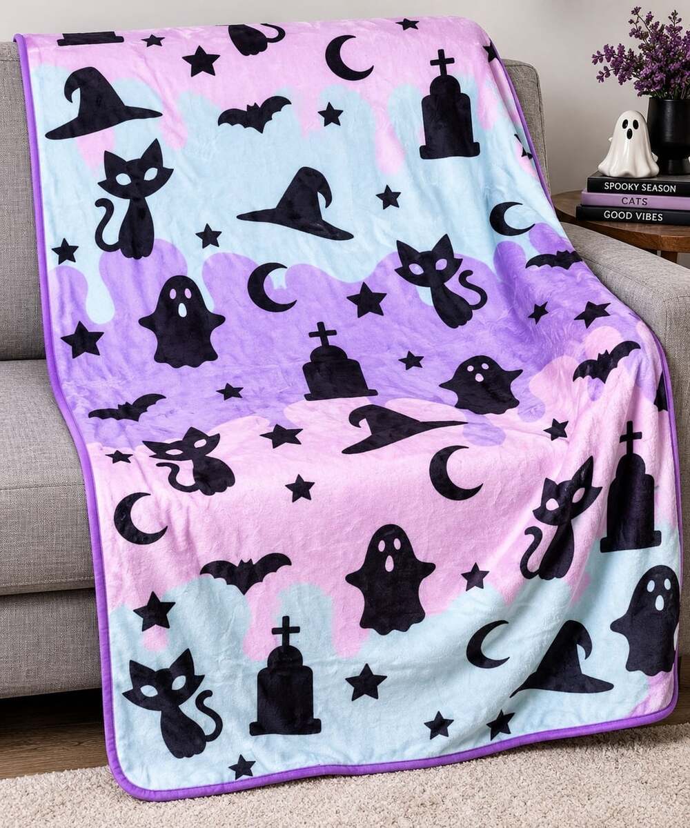 Halloween Throw Blanket 60" X 48" - Soft Ghost Black Cat Witch Cozy Plush New